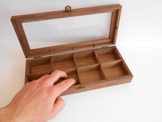 Wooden display box with glass lid useful for crystals and small